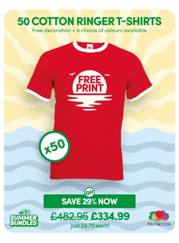 A bundle containing 50 Fruit Of The Loom Ringer T-shirts with FREE PRINTING and FREE DELIVERY included.