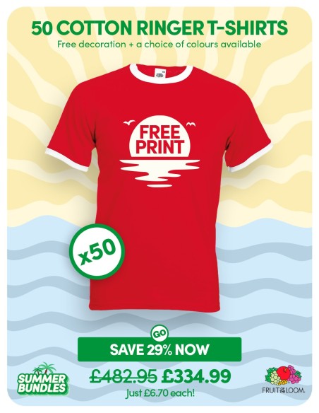 Bundle: 50 x Cotton Ringer T-Shirts with Free Printing