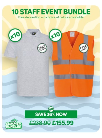 A fantastic value 10 staff event bundle of our best-selling Polo Shirt & Hi-Vis Vest with FREE CUSTOMISATION included.