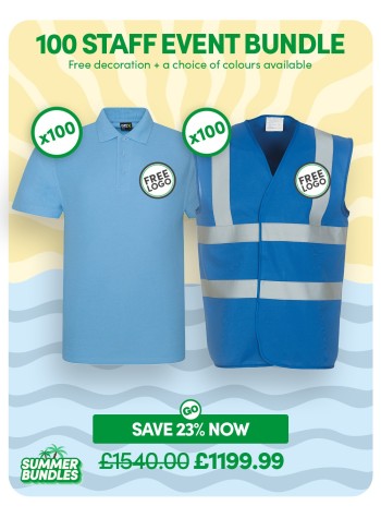 A fantastic value 100 staff event bundle of our best-selling Polo Shirt & Hi-Vis Vest with FREE CUSTOMISATION included.