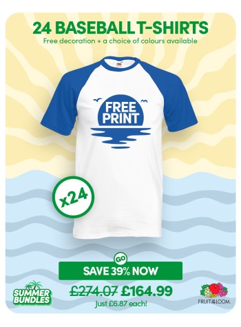 A bundle containing 24 Fruit Of The Loom baseball T-shirts with FREE PRINTING and FREE DELIVERY included.