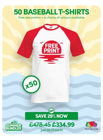A bundle containing 50 Fruit Of The Loom baseball T-shirts with FREE PRINTING and FREE DELIVERY included.