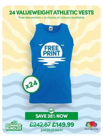 A bundle containing 1000 Fruit Of The Loom baseball T-shirts with FREE PRINTING and FREE DELIVERY included.