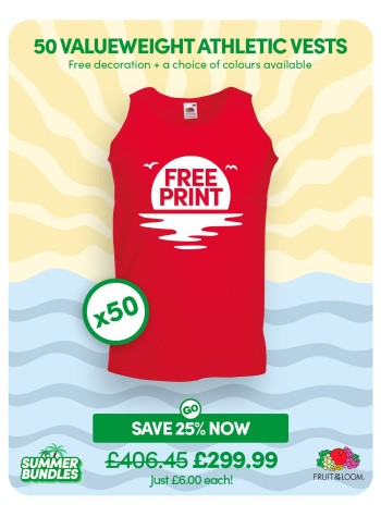 A bundle containing 50 Fruit Of The Loom Valueweight Athletic Vests with FREE PRINTING and FREE DELIVERY included.