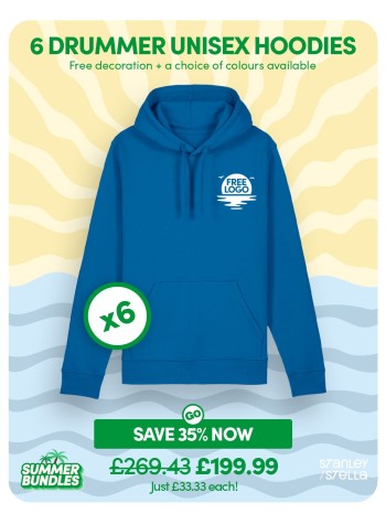 A bundle containing 6 Drummer Unisex Hoodies with FREE PRINTING or EMBROIDERY and FREE DELIVERY included.