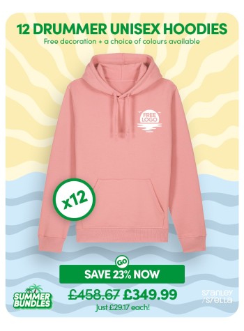 A bundle containing 12 Drummer Unisex Hoodies with FREE PRINTING or EMBROIDERY and FREE DELIVERY included.