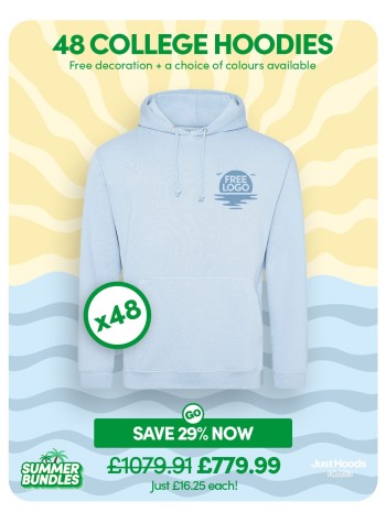 A bundle containing 48 College Hoodies with FREE PRINTING or EMBROIDERY and FREE DELIVERY included.