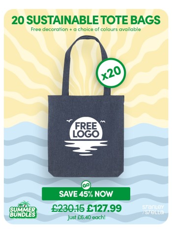 A bundle containing 20 x Sustainable Tote Bags with FREE PRINTING & FREE DELIVERY included.