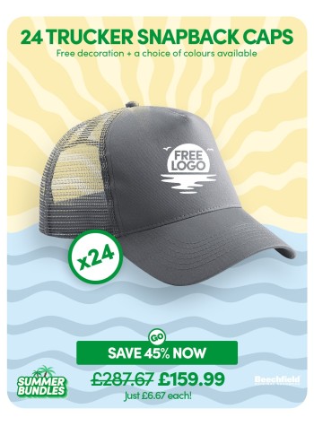A bundle containing 24 x Snapback Trucker Baseball Caps with FREE Logo & FREE DELIVERY included.