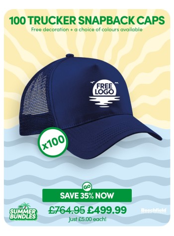 A bundle containing 100 x Snapback Trucker Baseball Caps with FREE Logo & FREE DELIVERY included.