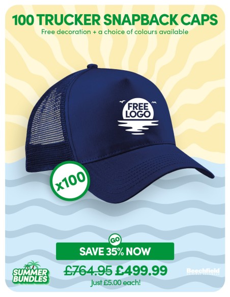 Bundle: 100 x Snapback Trucker Baseball Cap with FREE Logo
