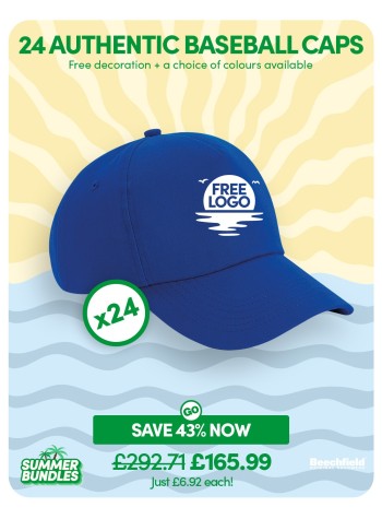 A bundle containing 24 x Authentic 5-panel Baseball Caps with FREE Logo & FREE DELIVERY included.