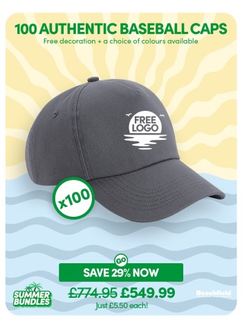 A bundle containing 100 x Authentic 5-panel Baseball Caps with FREE Logo & FREE DELIVERY included.