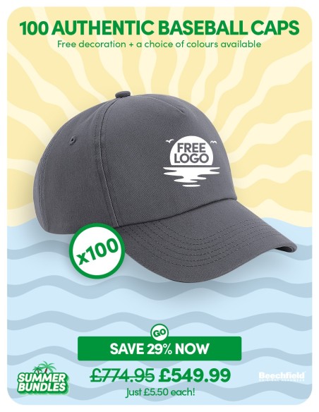 Bundle: 100 x Authentic Panel Baseball Cap with FREE Logo