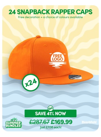 A bundle containing 24 x 5-panel Snapback Rapper Caps with FREE Logo & FREE DELIVERY included.