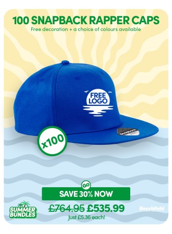A bundle containing 100 x 5-panel Snapback Rapper Caps with FREE Logo & FREE DELIVERY included.