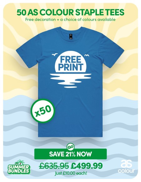 Bundle: 50 x AS Colour Staple Tees with Free Printing