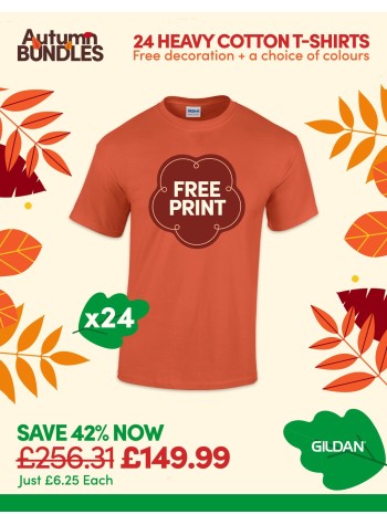 24 of our best selling Heavy Cotton T-shirts with FREE PRINTING and FREE DELIVERY included