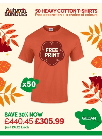50 of our best selling Heavy Cotton T-shirts with FREE PRINTING and FREE DELIVERY included.