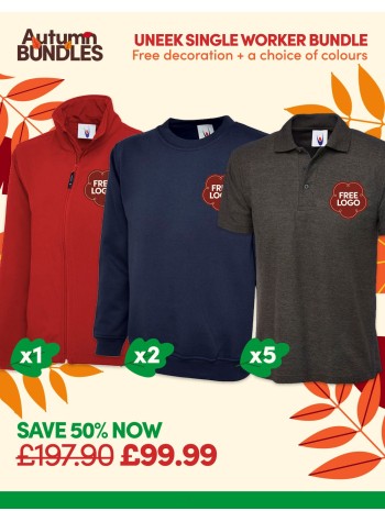 An amazing value single worker bundle of our best selling workwear with FREE CUSTOMISATION and FREE DELIVERY included.