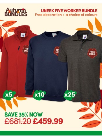 An amazing value Five worker bundle of our best selling workwear with FREE CUSTOMISATION and FREE DELIVERY included.