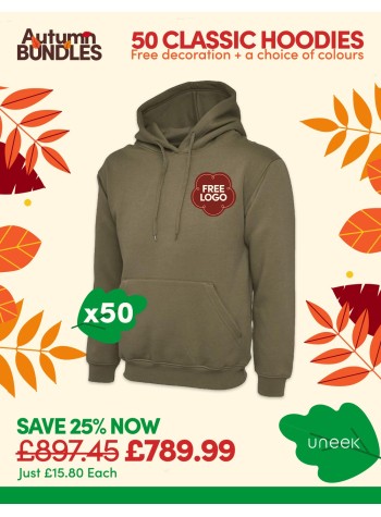 50 of our best selling Classic Hoodies with FREE LOGO and FREE DELIVERY included.