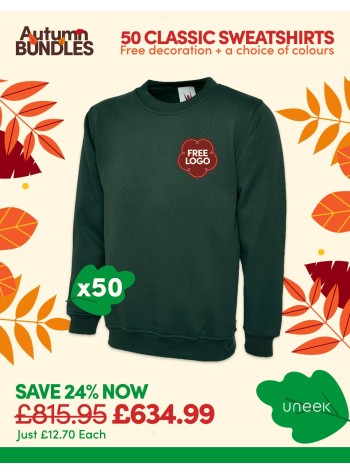 50 of our best selling Classic Sweatshirts with FREE LOGO and FREE DELIVERY included.