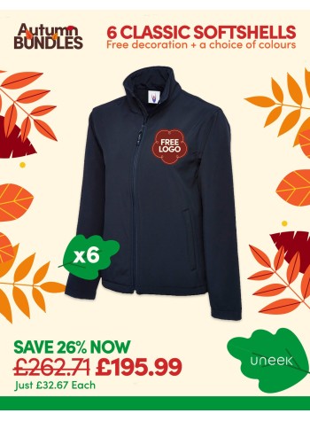 6 of our best selling Classic Softshell Jackets with FREE LOGO and FREE DELIVERY included.
