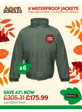 6 of our best-selling Regatta Dover Waterproof Jackets with FREE LOGO and FREE DELIVERY included.