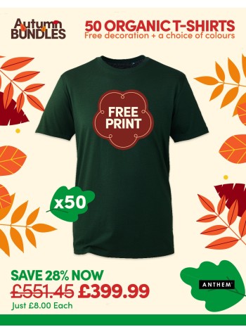 50 of our best selling Anthem Organic T-shirts with FREE PRINTING and FREE DELIVERY included.