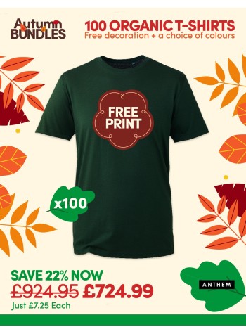 100 of our best selling Anthem Organic T-shirts with FREE PRINTING and FREE DELIVERY included.