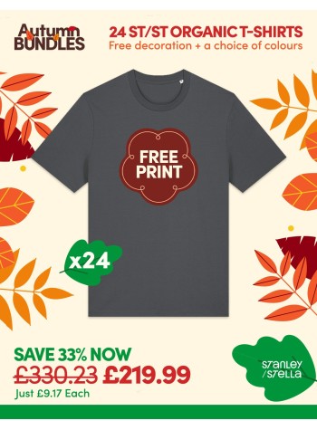 24 of our best selling Stanley/Stella Organic T-shirts with FREE PRINTING and FREE DELIVERY included.
