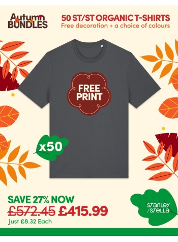A bundle containing 50 of our best selling Stanley/Stella Organic T-shirts with FREE PRINTING and FREE DELIVERY included.