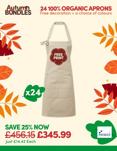 Bundle: 24 x 100% Organic Cotton Aprons with FREE Logo