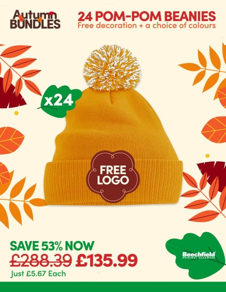 Bundle: 24 x Pom Pom Beanies with FREE Logo