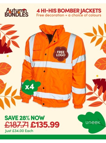 A bundle containing 4 of our best-selling Hi-vis Bomber Jackets with FREE LOGO and FREE DELIVERY included.