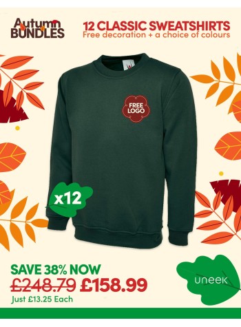 12 of our best-selling Classic Sweatshirts with FREE LOGO and FREE DELIVERY included.