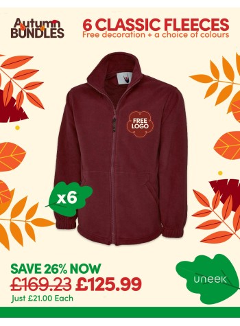6 of our best-selling Classic Full Zip Fleece Jackets with FREE LOGO and FREE DELIVERY included.