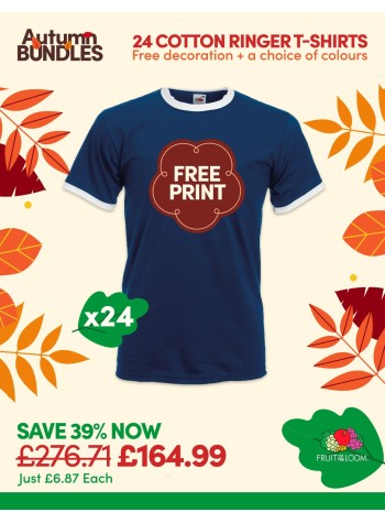 A bundle containing 24 Fruit Of The Loom Ringer T-shirts with FREE PRINTING and FREE DELIVERY included.