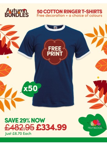 A bundle containing 50 Fruit Of The Loom Ringer T-shirts with FREE PRINTING and FREE DELIVERY included.