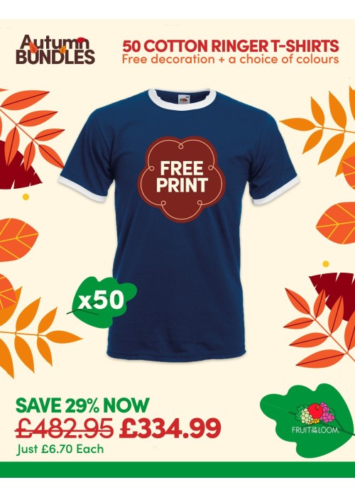 Bundle: 50 x Cotton Ringer T-Shirts with Free...