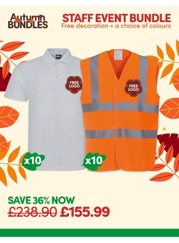 A fantastic value 10 staff event bundle of our best-selling Polo Shirt & Hi-Vis Vest with FREE CUSTOMISATION included.