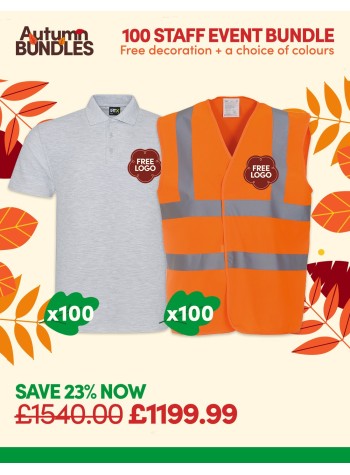 A fantastic value 100 staff event bundle of our best-selling Polo Shirt & Hi-Vis Vest with FREE CUSTOMISATION included.
