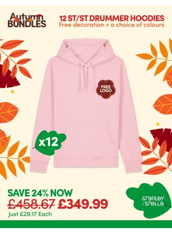 A bundle containing 12 Drummer Unisex Hoodies with FREE PRINTING or EMBROIDERY and FREE DELIVERY included.
