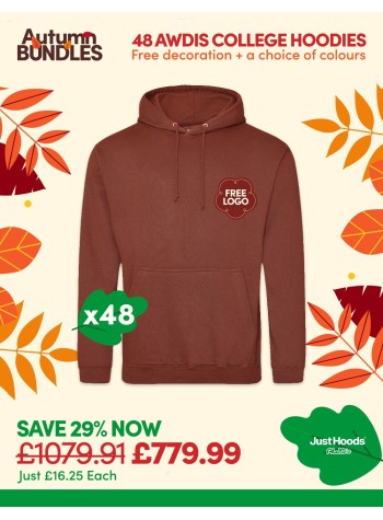 A bundle containing 48 College Hoodies with FREE PRINTING or EMBROIDERY and FREE DELIVERY included.