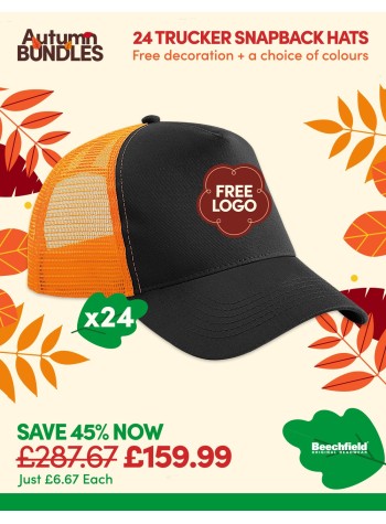A bundle containing 24 x Snapback Trucker Baseball Caps with FREE Logo & FREE DELIVERY included.