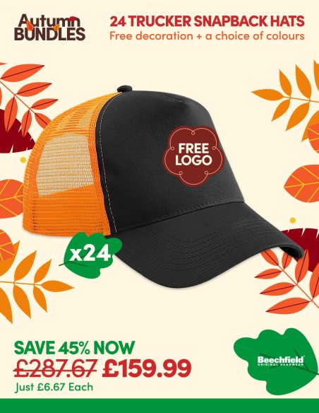Bundle: 24 x Snapback Trucker Baseball Cap with FREE Logo