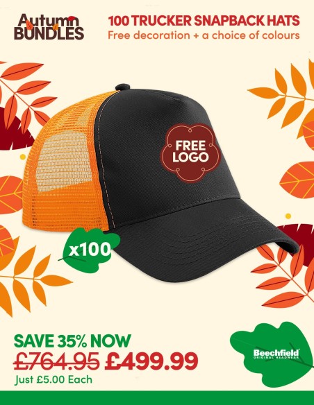 Bundle: 100 x Snapback Trucker Baseball Cap with FREE Logo
