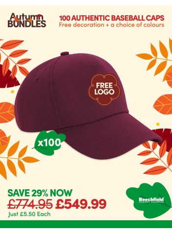 A bundle containing 100 x Authentic 5-panel Baseball Caps with FREE Logo & FREE DELIVERY included.
