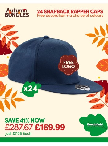 A bundle containing 24 x 5-panel Snapback Rapper Caps with FREE Logo & FREE DELIVERY included.